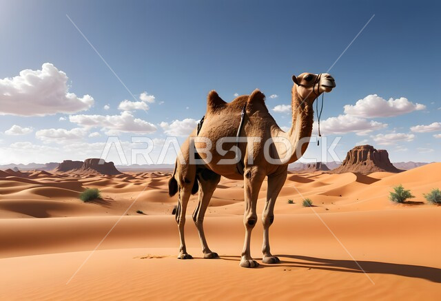 مفهوم رعاية المواشي والحيوانات, التكوينات والتشكيلات الرملية في الصحاري, رسم ثلاثي الأبعاد لحيوان الجمل يقف وسط صحراء المملكة العربية السعودية, الاهتمام في تربية الجمال و الإبل, الرمال الذهبية في المناطق الصحراوية, خلفية الطبيعة