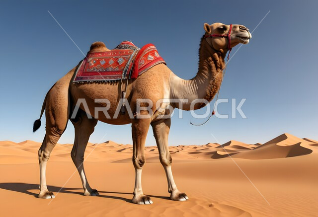 رسم ثلاثي الأبعاد لحيوان الجمل يقف وسط صحراء المملكة العربية السعودية, الاهتمام في تربية الجمال و الإبل, الرمال الذهبية في المناطق الصحراوية, مفهوم رعاية المواشي والحيوانات, التكوينات والتشكيلات الرملية في الصحاري, خلفية الطبيعة