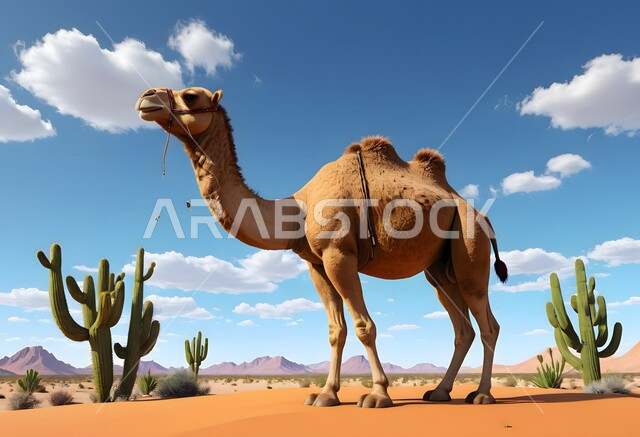 مفهوم رعاية المواشي والحيوانات، التكوينات والتشكيلات الرملية في الصحاري, رسم ثلاثي الأبعاد لحيوان الجمل يقف وسط صحراء المملكة العربية السعودية, الاهتمام في تربية الجمال و الإبل, الرمال الذهبية في المناطق الصحراوية, خلفية الطبيعة