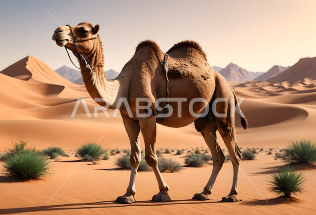 رسم ثلاثي الأبعاد لحيوان الجمل يقف وسط صحراء المملكة العربية السعودية، الاهتمام في تربية الجمال و الإبل، الرمال الذهبية في المناطق الصحراوية، مفهوم رعاية المواشي والحيوانات، التكوينات والتشكيلات الرملية في الصحاري, خلفية الطبيعة