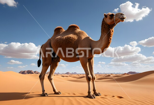 رسم ثلاثي الأبعاد لجمل يقف في صحراء المملكة العربية السعودية, حيوان الإبل يمشي على الرمال الذهبية الناعمة في وقت النهار, الكثبان الرملية في المناطق الصحراوية, تربية المواشي والحيوانات في المحميات الطبيعية, خلفية الطبيعة