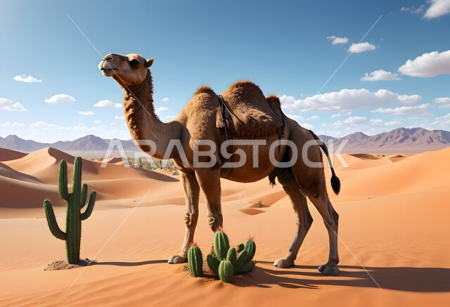 Raising livestock and animals in natural reserves, a three-dimensional drawing of a camel standing in the desert of the Kingdom of Saudi Arabia, a camel walking on soft golden sand during the day, sand dunes in desert areas, nature background
