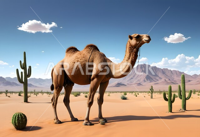 حيوان الإبل يمشي على الرمال الذهبية الناعمة في وقت النهار, الكثبان الرملية في المناطق الصحراوية, تربية المواشي والحيوانات في المحميات الطبيعية, رسم ثلاثي الأبعاد لجمل يقف في صحراء المملكة العربية السعودية, خلفية الطبيعة