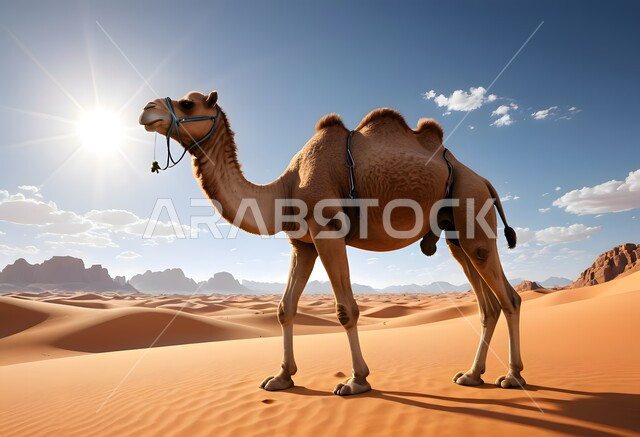 A 3D drawing of a camel standing in the desert of the Kingdom of Saudi Arabia, a camel walking on soft golden sand during the day, sand dunes in desert areas, raising livestock and animals in natural reserves, nature background