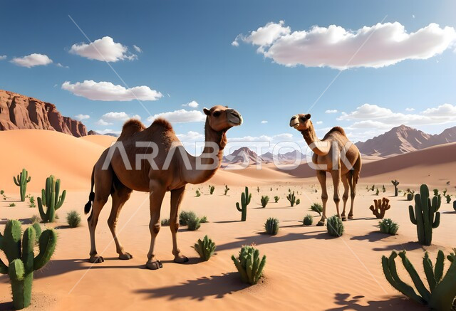 تربية المواشي والحيوانات في المحميات الطبيعية, رسم ثلاثي الأبعاد لجمل يقف في صحراء المملكة العربية السعودية، حيوان الإبل يمشي على الرمال الذهبية الناعمة في وقت النهار, الكثبان الرملية في المناطق الصحراوية, خلفية الطبيعة