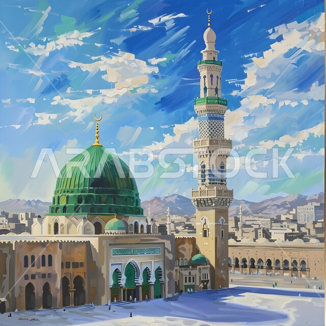 لوحة بالألوان الزيتية للمسجد النبوي الشريف في المدينة المنورة, إتقان مهارة الرسم, معالم وأماكن إسلامية مشهورة في المملكة العربية السعودية, القبة الخضراء والمآذن الشامخة لمسجد النبي, أداء الطاعات والتقرب من الله تعالى