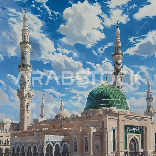 لوحة بالألوان الزيتية للمسجد النبوي الشريف في المدينة المنورة, إتقان مهارة الرسم, معالم وأماكن إسلامية مشهورة في المملكة العربية السعودية, القبة الخضراء والمآذن الشامخة لمسجد النبي, أداء الطاعات والتقرب من الله تعالى