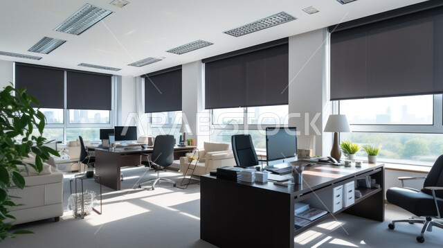 تصميم عصري حديث لمكاتب الشركات السعودية، غرف مكتبية بتصاميم داخلية وديكورات راقية مع اثاث فاخر ومريح، الفن الهندسي المعماري المتطور، غرف القراءة والجلوس، مكتب عمل بواجهه زجاجية كبيرة