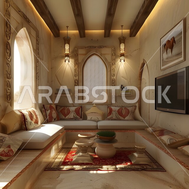 ديكورات راقية لغرفة المجلس أو المعيشة, المحافظة على التراث التقليدي في المملكة العربية السعودية، تصاميم داخلية على النمط السعودي النجدي القديم, أثاث واكسسوارات وأضواء فاخرة