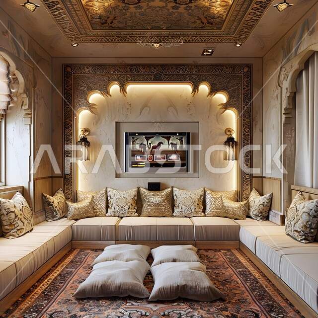 المحافظة على التراث التقليدي في المملكة العربية السعودية، تصاميم داخلية على النمط السعودي النجدي القديم, ديكورات راقية لغرفة المجلس أو المعيشة, أثاث واكسسوارات وأضواء فاخرة