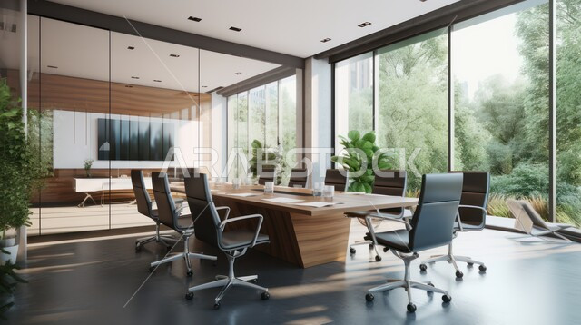 غرف مكتبية بتصاميم وديكورات داخلية فخمة، التصميم العصري الحديث للمكاتب في الشركات السعودية، غرفة اجتماعات واسعة مع طاولة محاطة بكراسي، النوافذ والواجهات الزجاجية