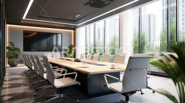 غرف مكتبية بتصاميم وديكورات داخلية فخمة، التصميم العصري الحديث للمكاتب في الشركات السعودية، غرفة اجتماعات واسعة مع طاولة محاطة بكراسي، النوافذ والواجهات الزجاجية