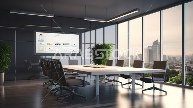 غرف مكتبية بتصاميم وديكورات داخلية فخمة، التصميم العصري الحديث للمكاتب في الشركات السعودية، غرفة اجتماعات واسعة مع طاولة محاطة بكراسي، النوافذ والواجهات الزجاجية