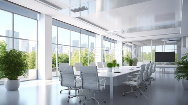 غرف مكتبية بتصاميم وديكورات داخلية فخمة، التصميم العصري الحديث للمكاتب في الشركات السعودية، غرفة اجتماعات واسعة مع طاولة محاطة بكراسي، النوافذ والواجهات الزجاجية