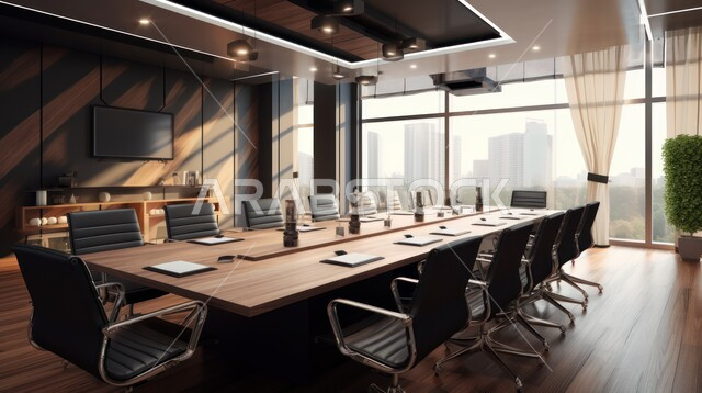  التصميم العصري الحديث للمكاتب في الشركات السعودية، غرف مكتبية بتصاميم وديكورات داخلية فخمة، غرفة اجتماعات واسعة مع طاولة محاطة بكراسي، النوافذ والواجهات الزجاجية