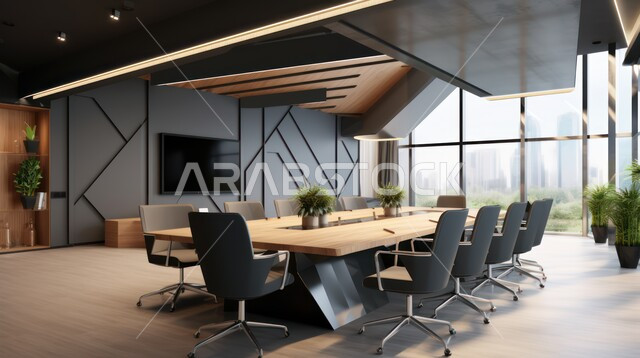  التصميم العصري الحديث للمكاتب في الشركات السعودية، غرف مكتبية بتصاميم وديكورات داخلية فخمة، غرفة اجتماعات واسعة مع طاولة محاطة بكراسي، النوافذ والواجهات الزجاجية
