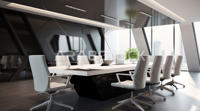  التصميم العصري الحديث للمكاتب في الشركات السعودية، غرف مكتبية بتصاميم وديكورات داخلية فخمة، غرفة اجتماعات واسعة مع طاولة محاطة بكراسي، النوافذ والواجهات الزجاجية