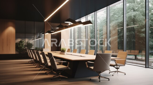  غرفة اجتماعات واسعة مع طاولة محاطة بكراسي، التصميم العصري الحديث للمكاتب في الشركات السعودية، غرف مكتبية بتصاميم وديكورات داخلية فخمة، النوافذ والواجهات الزجاجية