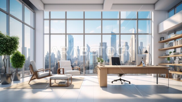 تصميم عصري حديث لمكاتب الشركات السعودية، غرف مكتبية بتصاميم داخلية وديكورات راقية مع اثاث فاخر ومريح، الفن الهندسي المعماري المتطور، غرف القراءة والجلوس، مكتب عمل بواجهه زجاجية كبيرة