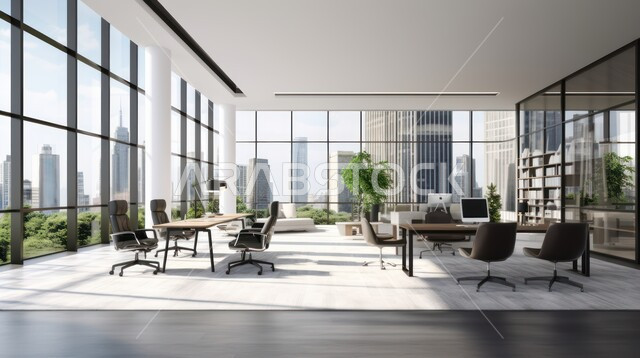 تصميم عصري حديث لمكاتب الشركات السعودية، غرف مكتبية بتصاميم داخلية وديكورات راقية مع اثاث فاخر ومريح، الفن الهندسي المعماري المتطور، غرف القراءة والجلوس، مكتب عمل بواجهه زجاجية كبيرة