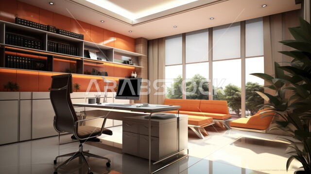 غرف مكتبية بتصاميم داخلية وديكورات راقية مع اثاث فاخر ومريح، غرف القراءة والجلوس، الفن الهندسي المعماري المتطور، تصميم عصري حديث لمكاتب الشركات السعودية، 