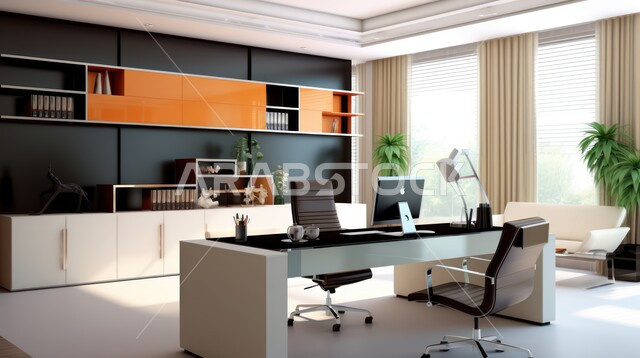 Office rooms with sophisticated interior designs and decorations with luxurious and comfortable furniture, reading and sitting rooms, advanced architectural engineering art, modern modern design for offices of Saudi companies,