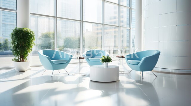 تصميمات عصرية حديثة لمكاتب الشركات السعودية، تصاميم داخلية وديكورات راقية على الطراز الحديث، واجهات زجاجية كبيرة في مكتب العمل، أثاث أنيق ومريح، شجيرات صناعية خضراء