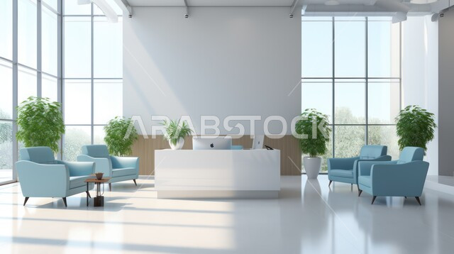 تصميمات عصرية حديثة لمكاتب الشركات السعودية، تصاميم داخلية وديكورات راقية على الطراز الحديث، واجهات زجاجية كبيرة في مكتب العمل، أثاث أنيق ومريح، شجيرات صناعية خضراء