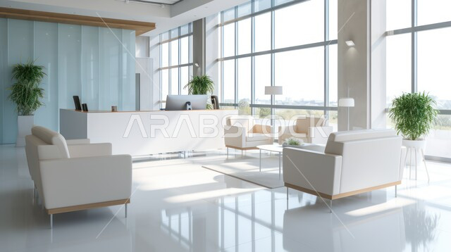 تصميمات عصرية حديثة لمكاتب الشركات السعودية، تصاميم داخلية وديكورات راقية على الطراز الحديث، واجهات زجاجية كبيرة في مكتب العمل، أثاث أنيق ومريح، شجيرات صناعية خضراء