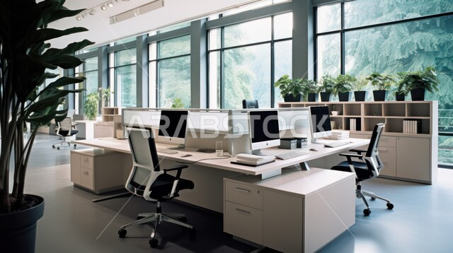 تصميمات عصرية حديثة لمكاتب الشركات السعودية، تصاميم داخلية وديكورات راقية على الطراز الحديث، واجهات زجاجية كبيرة في مكتب العمل، أثاث أنيق ومريح، شجيرات صناعية خضراء