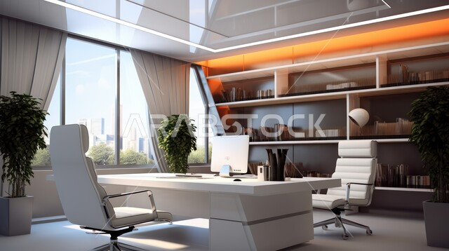 تصميمات عصرية حديثة لمكاتب الشركات السعودية، تصاميم داخلية وديكورات راقية على الطراز الحديث، واجهات زجاجية كبيرة في مكتب العمل، أثاث أنيق ومريح، شجيرات صناعية خضراء