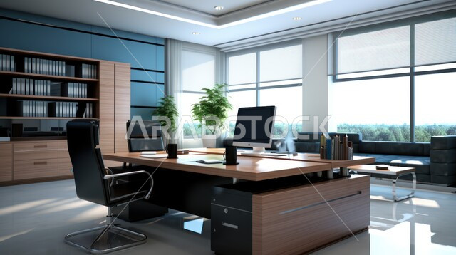 تصميمات عصرية حديثة لمكاتب الشركات السعودية، تصاميم داخلية وديكورات راقية على الطراز الحديث، واجهات زجاجية كبيرة في مكتب العمل، أثاث أنيق ومريح، شجيرات صناعية خضراء