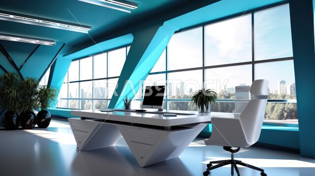  تصاميم داخلية وديكورات راقية على الطراز الحديث، تصميمات عصرية حديثة لمكاتب الشركات السعودية، واجهات زجاجية كبيرة في مكتب العمل، أثاث أنيق ومريح، شجيرات صناعية خضراء