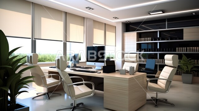  تصاميم داخلية وديكورات راقية على الطراز الحديث، تصميمات عصرية حديثة لمكاتب الشركات السعودية، واجهات زجاجية كبيرة في مكتب العمل، أثاث أنيق ومريح، شجيرات صناعية خضراء