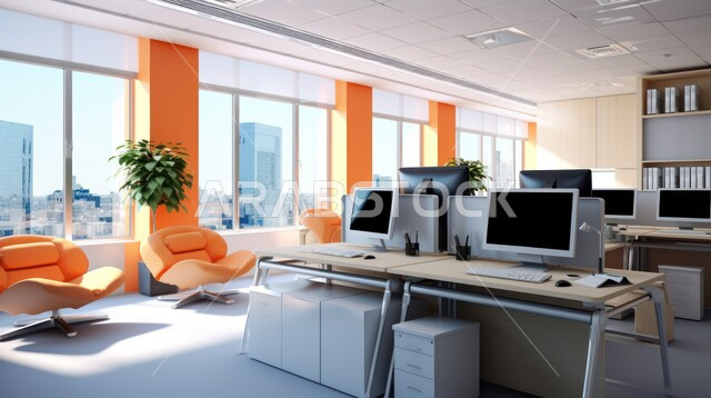 Upscale interior designs and decorations in a modern style, modern modern designs for Saudi corporate offices, large glass facades in the work office, elegant and comfortable furniture, green artificial shrubs.