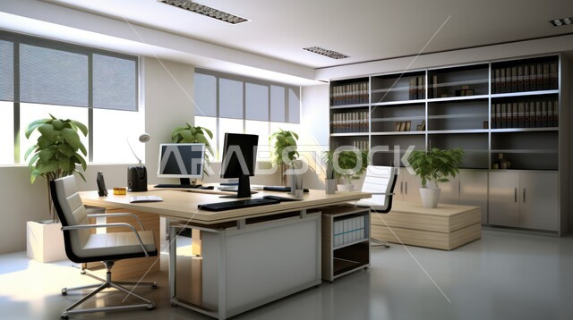  واجهات زجاجية كبيرة في مكتب العمل، تصاميم داخلية وديكورات راقية على الطراز الحديث، تصميمات عصرية حديثة لمكاتب الشركات السعودية، أثاث أنيق ومريح، شجيرات صناعية خضراء