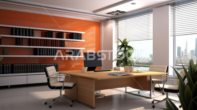  واجهات زجاجية كبيرة في مكتب العمل، تصاميم داخلية وديكورات راقية على الطراز الحديث، تصميمات عصرية حديثة لمكاتب الشركات السعودية، أثاث أنيق ومريح، شجيرات صناعية خضراء