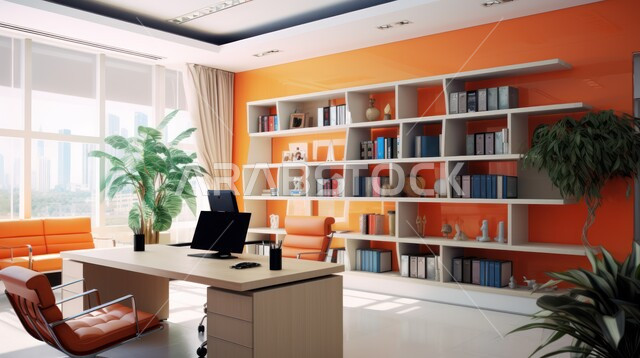  واجهات زجاجية كبيرة في مكتب العمل، تصاميم داخلية وديكورات راقية على الطراز الحديث، تصميمات عصرية حديثة لمكاتب الشركات السعودية، أثاث أنيق ومريح، شجيرات صناعية خضراء