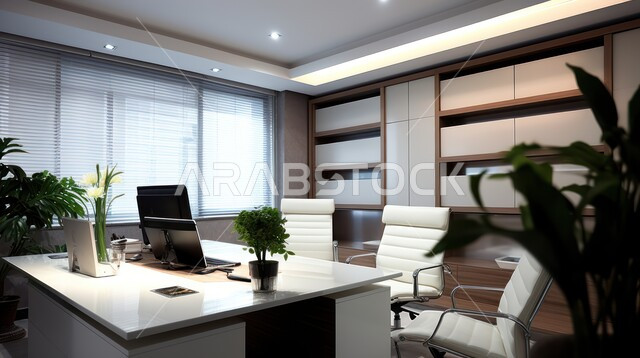  واجهات زجاجية كبيرة في مكتب العمل، تصاميم داخلية وديكورات راقية على الطراز الحديث، تصميمات عصرية حديثة لمكاتب الشركات السعودية، أثاث أنيق ومريح، شجيرات صناعية خضراء
