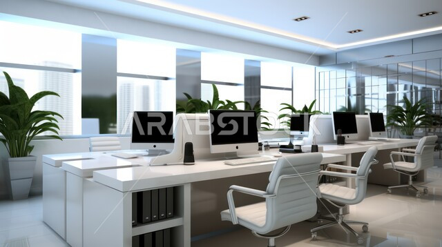 Large glass facades in the work office, upscale interior designs and decorations in a modern style, modern designs for Saudi corporate offices, elegant and comfortable furniture, green artificial shrubs