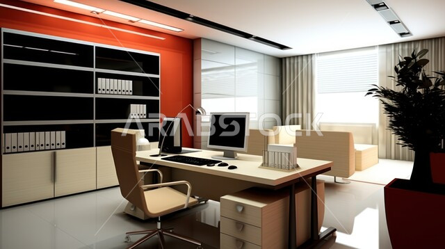  شجيرات صناعية خضراء، واجهات زجاجية كبيرة في مكتب العمل، تصاميم داخلية وديكورات راقية على الطراز الحديث، تصميمات عصرية حديثة لمكاتب الشركات السعودية، أثاث أنيق ومريح