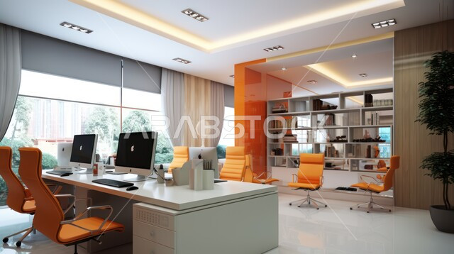  شجيرات صناعية خضراء، واجهات زجاجية كبيرة في مكتب العمل، تصاميم داخلية وديكورات راقية على الطراز الحديث، تصميمات عصرية حديثة لمكاتب الشركات السعودية، أثاث أنيق ومريح