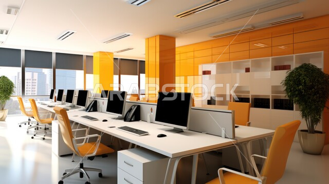  شجيرات صناعية خضراء، واجهات زجاجية كبيرة في مكتب العمل، تصاميم داخلية وديكورات راقية على الطراز الحديث، تصميمات عصرية حديثة لمكاتب الشركات السعودية، أثاث أنيق ومريح