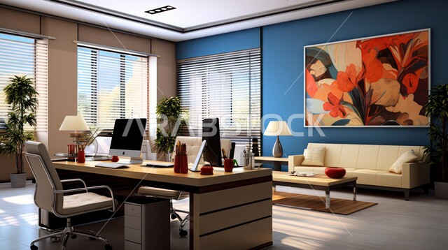  شجيرات صناعية خضراء، واجهات زجاجية كبيرة في مكتب العمل، تصاميم داخلية وديكورات راقية على الطراز الحديث، تصميمات عصرية حديثة لمكاتب الشركات السعودية، أثاث أنيق ومريح