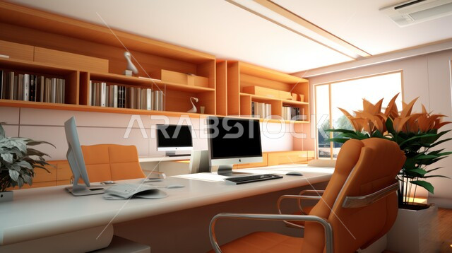  شجيرات صناعية خضراء، واجهات زجاجية كبيرة في مكتب العمل، تصاميم داخلية وديكورات راقية على الطراز الحديث، تصميمات عصرية حديثة لمكاتب الشركات السعودية، أثاث أنيق ومريح