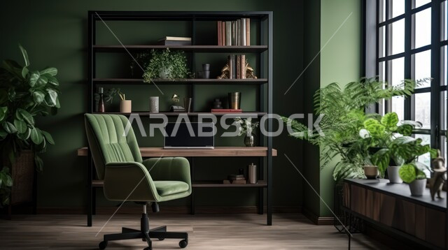 أثاث أنيق ومريح، شجيرات صناعية خضراء، واجهات زجاجية كبيرة في مكتب العمل، تصاميم داخلية وديكورات راقية على الطراز الحديث، تصميمات عصرية حديثة لمكاتب الشركات السعودية