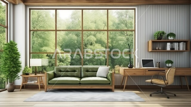 أثاث أنيق ومريح، شجيرات صناعية خضراء، واجهات زجاجية كبيرة في مكتب العمل، تصاميم داخلية وديكورات راقية على الطراز الحديث، تصميمات عصرية حديثة لمكاتب الشركات السعودية