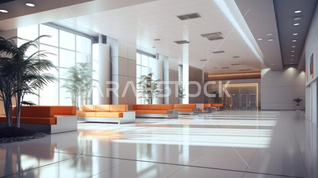 The elegant design of the reception lobby and entrance, offices and commercial companies in the Kingdom of Saudi Arabia, a hotel lobby with modern modern designs, interior designs and decorations for luxury hotels and resorts.