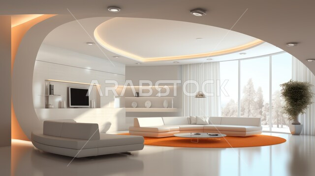 التصاميم الداخلية لغرف الجلوس على الطراز الحديث، غرفة معيشة مع أثاث منزلي فاخر، ديكور داخلي راقي للفلل والشقق السكنية في المملكة العربية السعودية، الاهتمام بنبات الزينة المنزلي، النوافذ والواجهات الزجاجية