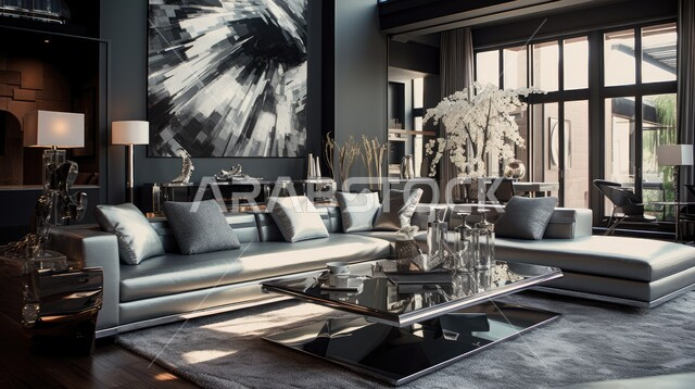 ديكور داخلي راقي للفلل والشقق السكنية في المملكة العربية السعودية، اكسسوارات وتحف عصرية، الاهتمام بنباتات الزينة، غرفة معيشة مع أثاث منزلي فاخر، التصاميم الداخلية لغرف الجلوس على الطراز الحديث